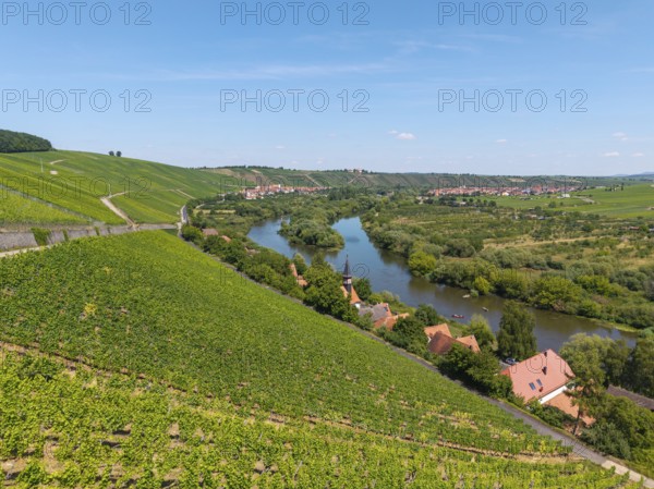 Mainschleife in summer, charburner near Volkach, behind Escherndorf, aerial view, Lower Franconia,