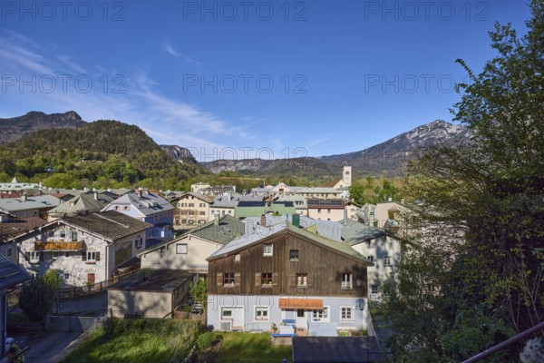 Long shot, historic old town, bird's eye view, historic buildings, church, St. Nicholas, trees,