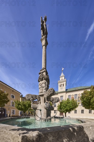 Wittelsbacherbrunnen, fountain, sculptor Karl Killer, historic town hall, trees, blue sky,