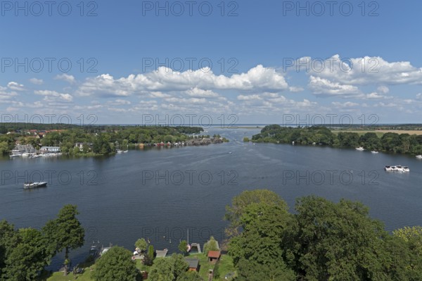 View from the tower of St Mary's Church, Müritz, lake, boats, boathouses, holiday homes, Röbel,