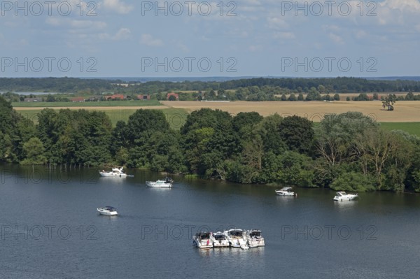 View from the tower of St Mary's Church, motor yachts, Müritz, lake, trees, Röbel, Mecklenburg Lake