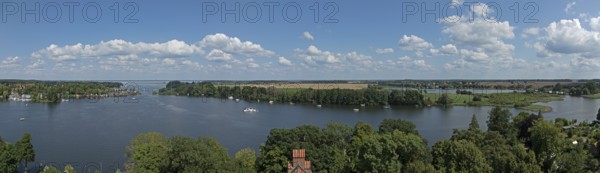 Panoramic view from the tower of St Mary's Church, Photomerge, Müritz, lake, boats, boathouses,