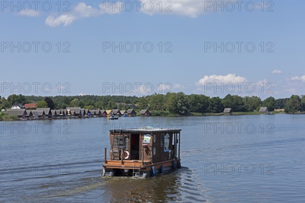 Boathouses, holiday homes on Lake Mirow, houseboat, Mirow, Mecklenburg Lake District,
