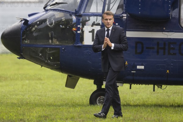 Emmanuel Macron (President of the French Republic) leaves a federal police helicopter in front of a
