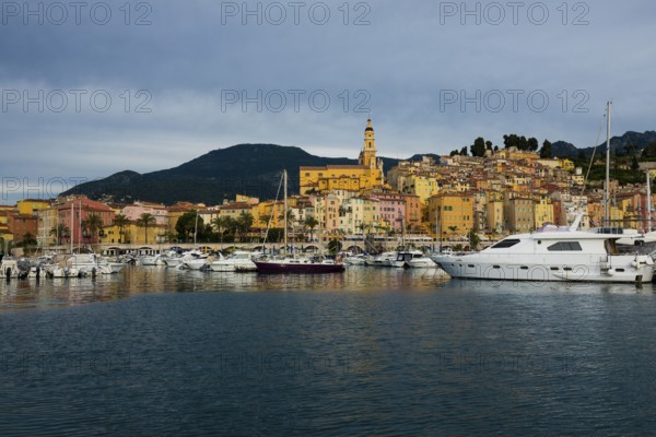 Town with colourful houses by the sea, sunrise, Menton, Alpes Maritimes, Provence Alpes Cote