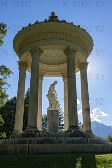 Statue of Venus with Cupid in the Temple of Venus above the terraced gardens, backlight, long