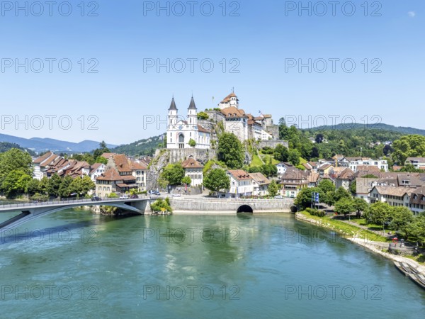 Aarburg town on the river Aare with church and fortress Aerial view from above in Aarburg,