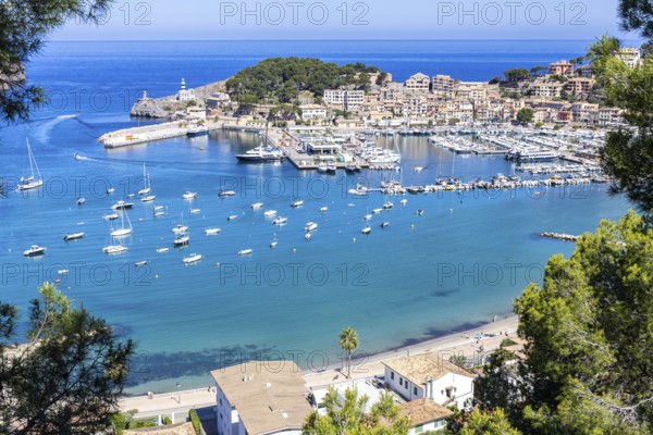 Port de Soller on Majorca from above holiday by the sea beach harbour with boats trip in Port de