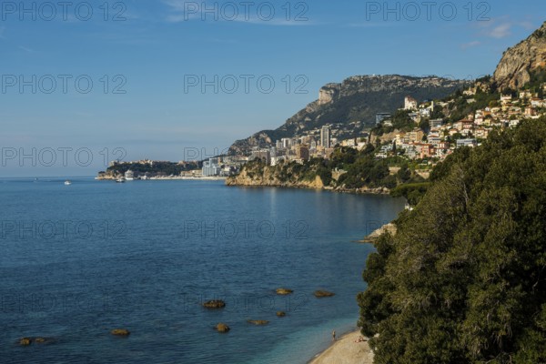 View of Roquebrune and Monaco, Plage du Golfe Bleu, Alpes Maritimes, Provence Alpes Cote d'Azur,
