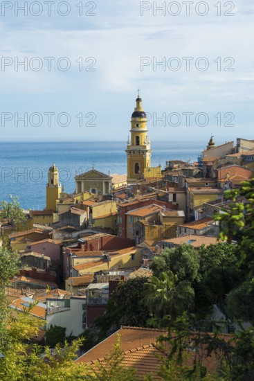 Town with colourful houses by the sea, Menton, Alpes Maritimes, Provence Alpes Cote d'Azur, French