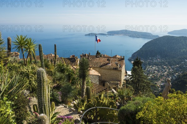 Picturesque mountain village overlooking the sea, Jardin Exotique, Èze, Cote d'Azur,