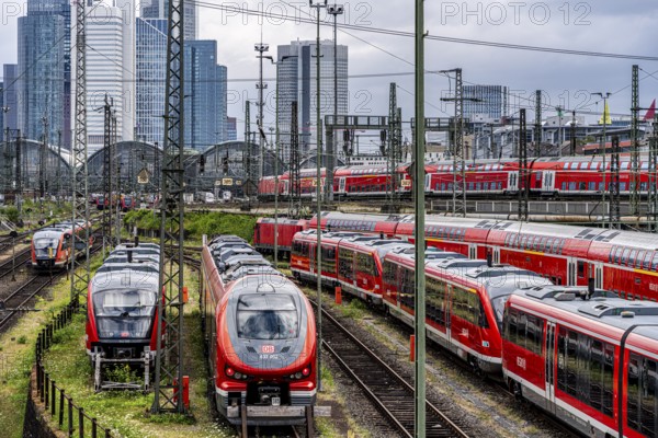 Bridge at Camberger Straße, Galluswarte, Deutsche Bahn, tracks and trains with the skyline of