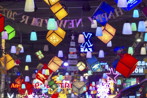 Neon lights, Pub Street in the evening, entertainment district with bars and restaurants, Siem