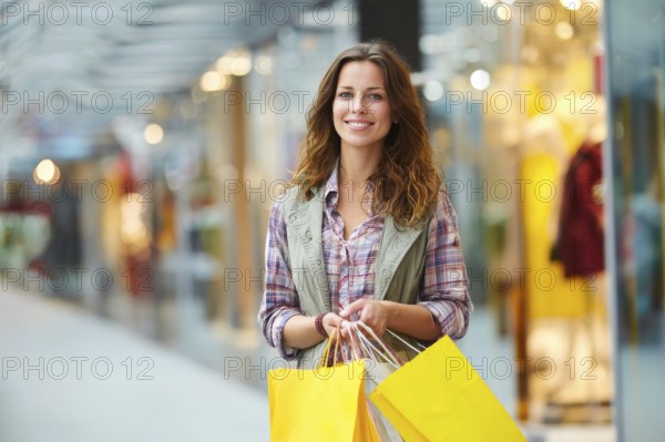 Beautiful young happy attractive woman with bags of different colours in shopping center mall