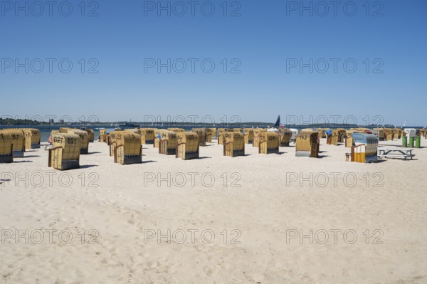 Beach chairs on the sandy beach, Laboe, Baltic seaside resort, fjord, Baltic Sea, North Frisia,