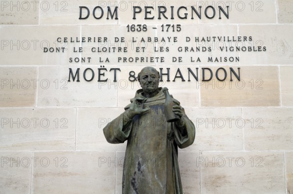 Dom Perignon statue, headquarters of the champagne brand Moët & Chandon, part of the luxury goods