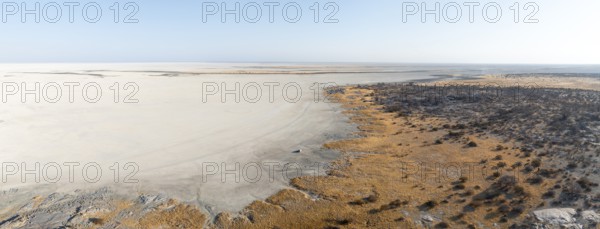 Rocky island with baobab trees in a dry salt pan, off-road vehicle on the salt pan, aerial view,