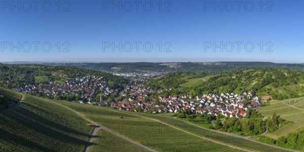 Panorama of a small village view surrounded by vineyards and green hills under a clear sky,