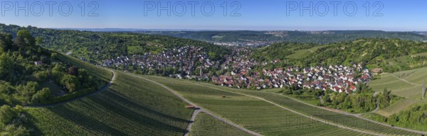 Wide angle panorama with a village surrounded by vineyards and lush hills, Uhlbach, near Stuttgart,