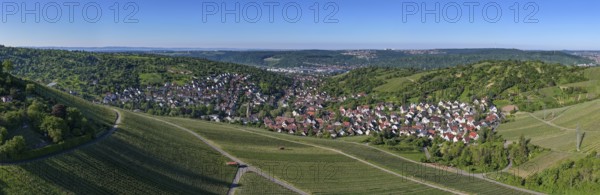 Widescreen panorama of a village surrounded by vineyards and green hills, Uhlbach, near Stuttgart,