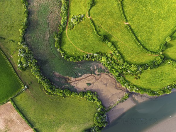 Top Down over Marshes over River Dart from a drone, Stoke Gabriel, Totnes, Devon, England, United