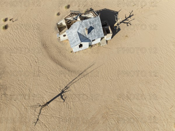 The long abandoned Garum train station in the southern Namib Desert. Aerial view. Drone shot.