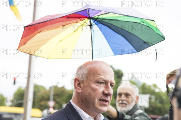 Kai Wegner (Governing Mayor of Berlin) gives interviews after raising the rainbow flag for Pride