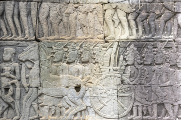 Stone bas-reliefs, Khmer war campaign against the Cham, relief wall, east façade, Bayon temple,