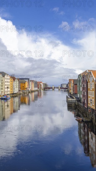 Norway, scenic Trondheim town. Bakklandet, a famous tourist travel destination with colorful houses