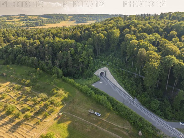 Aerial view of a railway tunnel in the middle of a dense forest and bordering agricultural fields,