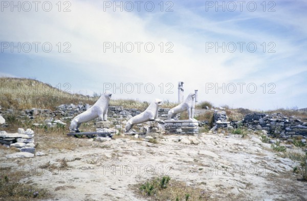 Stone statues of lions, Terrace of the Lions archaeological site, Delos, Cyclades archipelago,