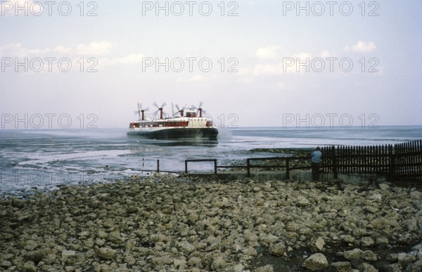 Hoverlloyd SR N4 model hovercraft 'Sure' at Pegwell Bay, Ramsgate Hoverport, Kent, England, UK 1970