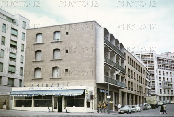 L'Amiraute cafe bar in area of new buildings, thought to be city of Marseille, France, Europe,