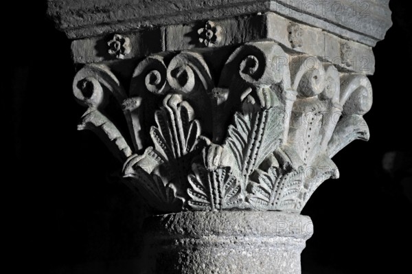 Column capitals with plants, flora, relief in stone, underground grove of columns, pagan crypt,
