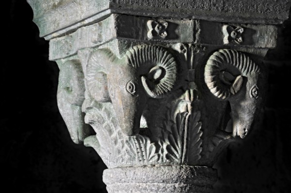 Column capital with ram, relief in stone, underground grove of columns, pagan crypt, 10th century,