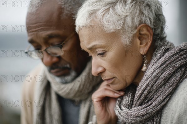 Senior couple grieving. Senior couple with health concerns or trouble in their lives or family, AI