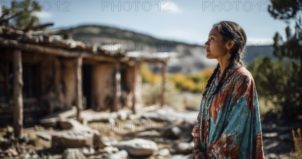 Beautiful and attractive native indigenous north american woman in first nation clothes in