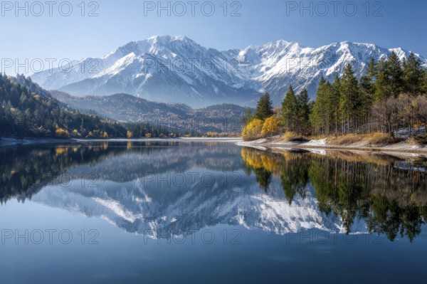 Alpine snow-peaked mountain landscape with trees reflecting in the water of pristine lake, AI