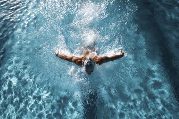 Muscular young swimmer swims in the lane. Concept of having purpose and determination and reaching