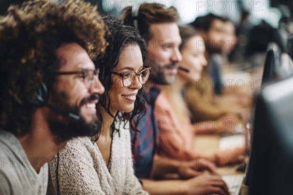 Diverse employees in corporate environment support center analyzing data and helping customers to