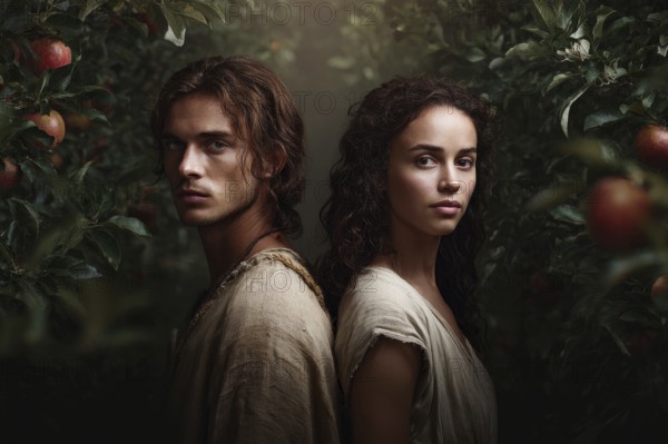 Bible story of Adam and Eve in Paradise Garden of Eden. Legend of Original sin and Temptation.