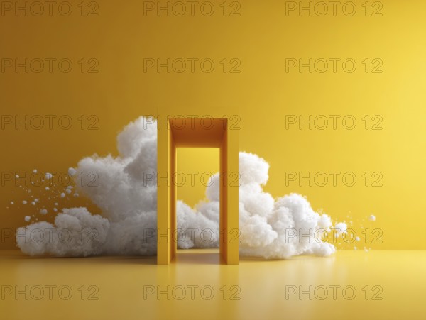 Abstract minimal yellow background with white clouds flying out the tunnel. Entrance to heavens, AI