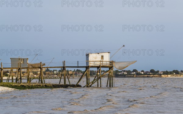 Fishing huts over Randonnee entre Histoire et Nature from a drone, Fouras, Fouras-les-Bains,