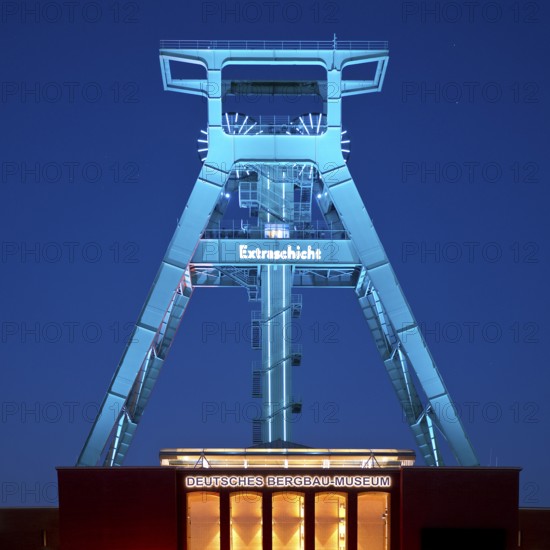 Illuminated headframe of the German Mining Museum at Extraschicht, Bochum, Ruhr area, North