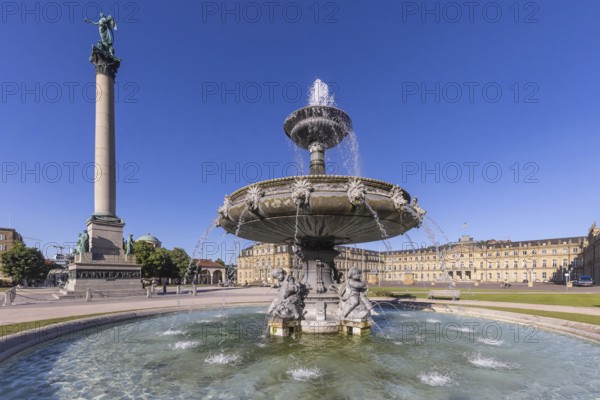 Schlossplatz Stuttgart with New Palace and fountain with fountain bowl. Place of interest in