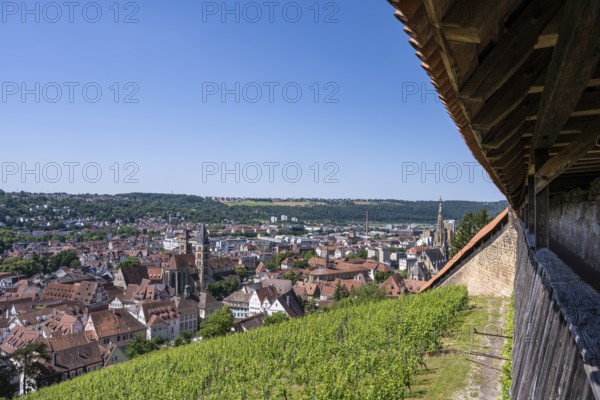 View from the Seilergang, defence wall of Esslingen Castle, down to the old town of Esslingen with