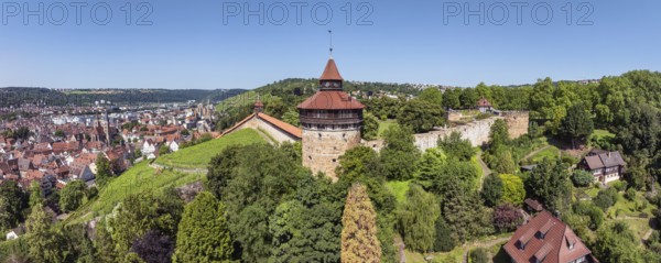 Aerial view, panorama of the city of Esslingen am Neckar with Esslingen Castle, Dicker Turm,