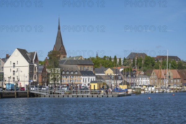 City view with St. Marien church, harbour, Flensburg, Flensburg Fjord, Baltic Sea,