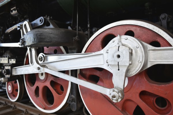 Driving wheels of the express train, steam locomotive P36 123 in the Prora Museum,