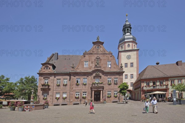 Baroque town hall built in 1738 and town hall tower, town gate, pedestrian, market square,